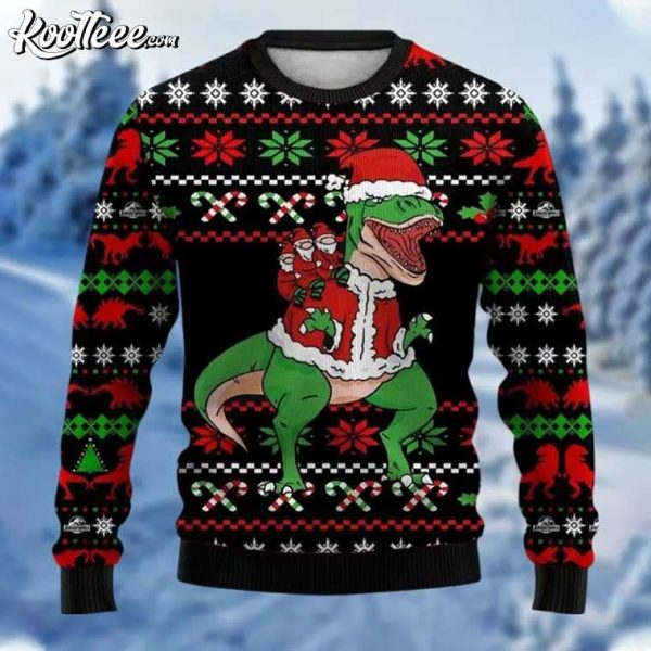 Three Santa Clauses Riding Dinosaur Ugly Christmas Sweater