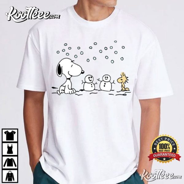 Snoopy And Woodstock With Snowman Christmas T-Shirt