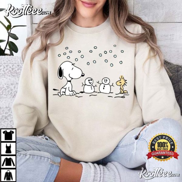 Snoopy And Woodstock With Snowman Christmas T-Shirt