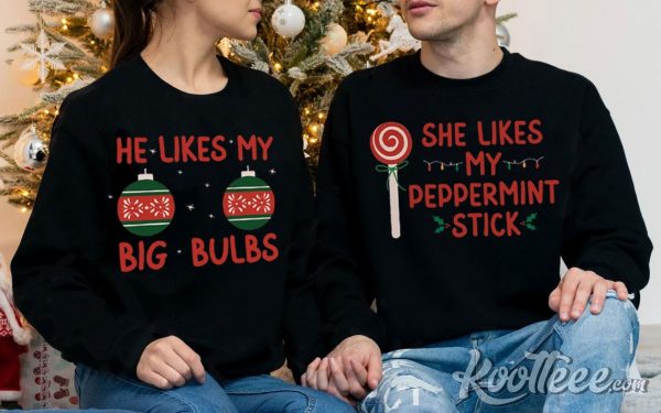 Peppermint Stick Big Bulbs Christmas Couple Shirts