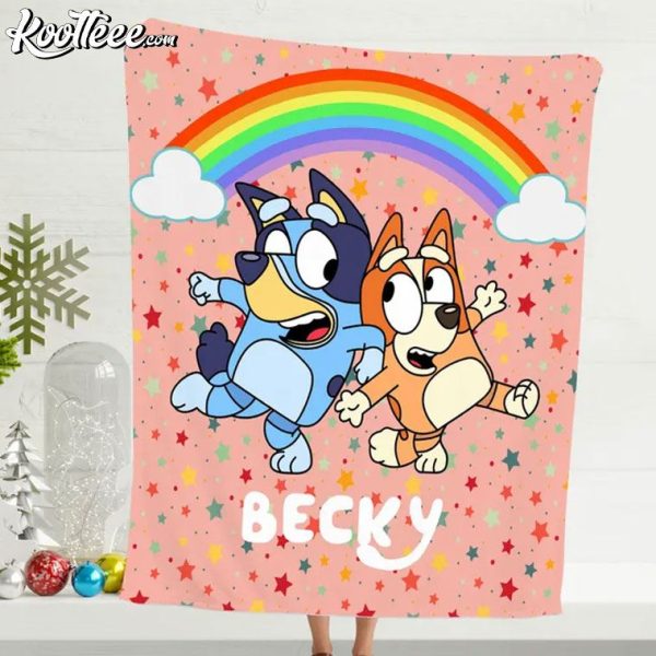 Bluey And Bingo Stars Rainbow Kids Custom Fleece Blanket