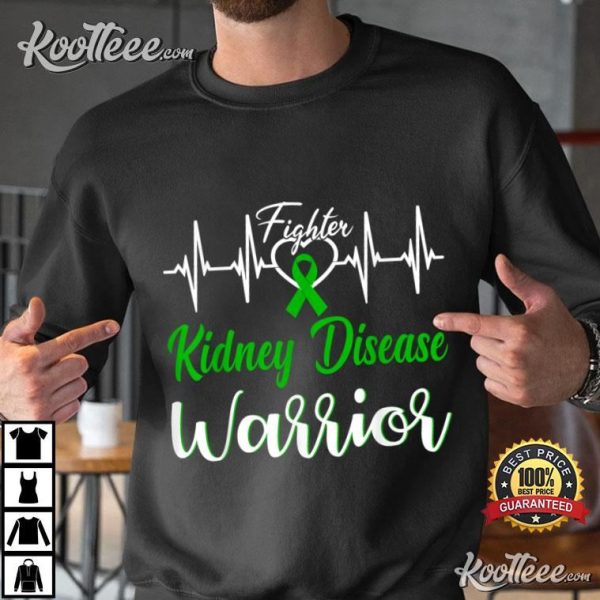 Kidney Disease Warrior Heartbeat Fighter Green Ribbon T-Shirt