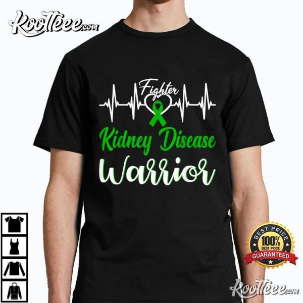 Kidney Disease Warrior Heartbeat Fighter Green Ribbon T-Shirt