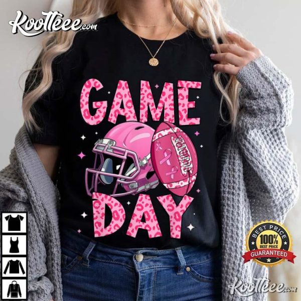 Game Day Pink Leopard American Football Tackle Breast Cancer T-Shirt