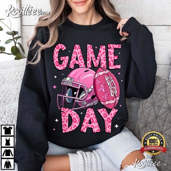 Game Day Pink Leopard American Football Tackle Breast Cancer T-Shirt