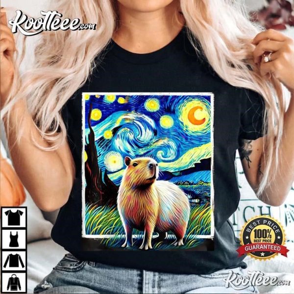 Funny Capybara Van Gogh Style Starry Night T-Shirt