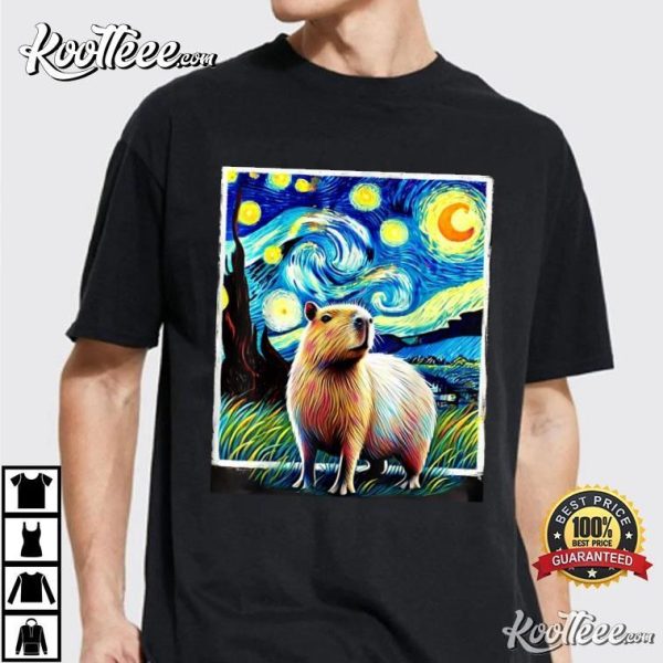 Funny Capybara Van Gogh Style Starry Night T-Shirt