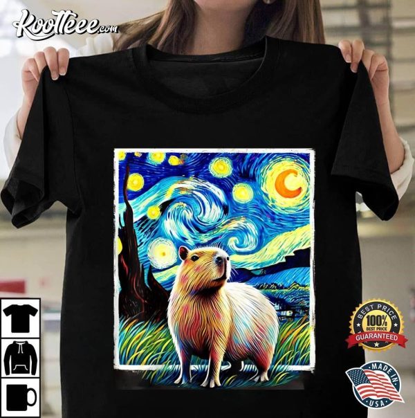 Funny Capybara Van Gogh Style Starry Night T-Shirt