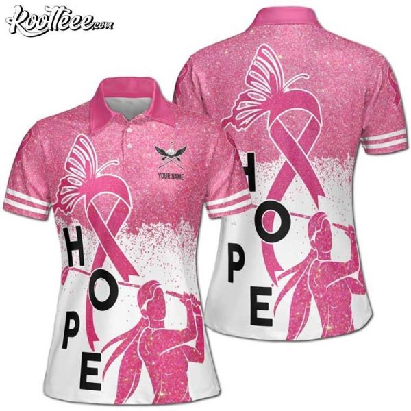 Breast Cancer Month Pink Glitter Hope Golfer Custom Women’s Polo Shirt