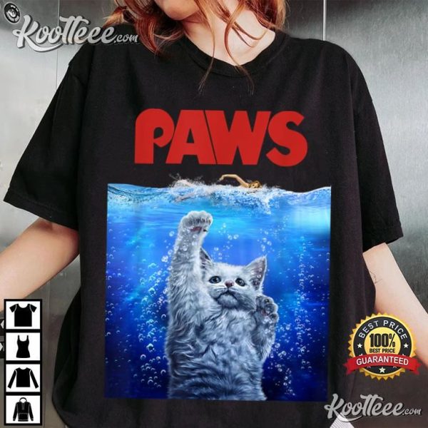 Paws White Cat Attack Swimmer Funny Jaws T-Shirt