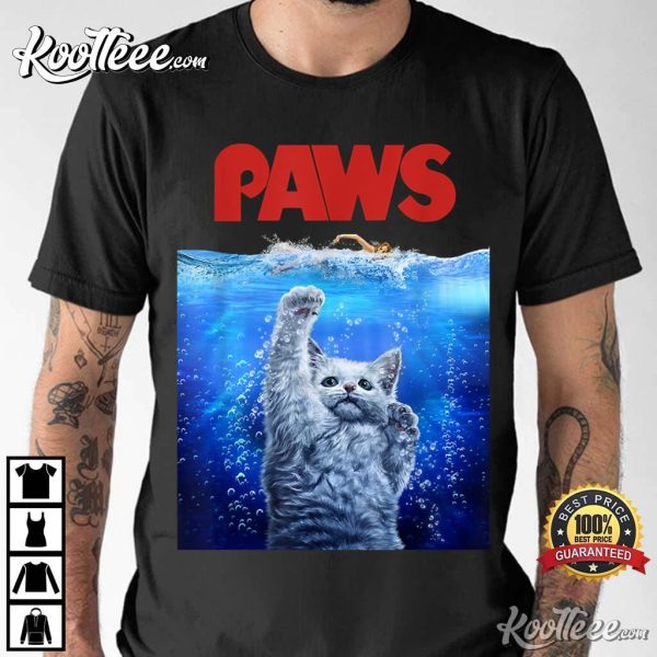 Paws White Cat Attack Swimmer Funny Jaws T-Shirt