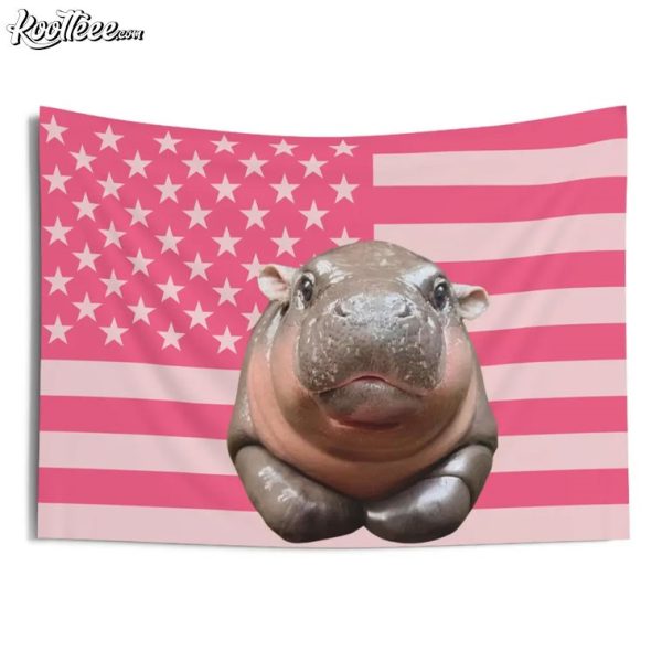 Moo Deng Pink American Flag Wall Tapestry