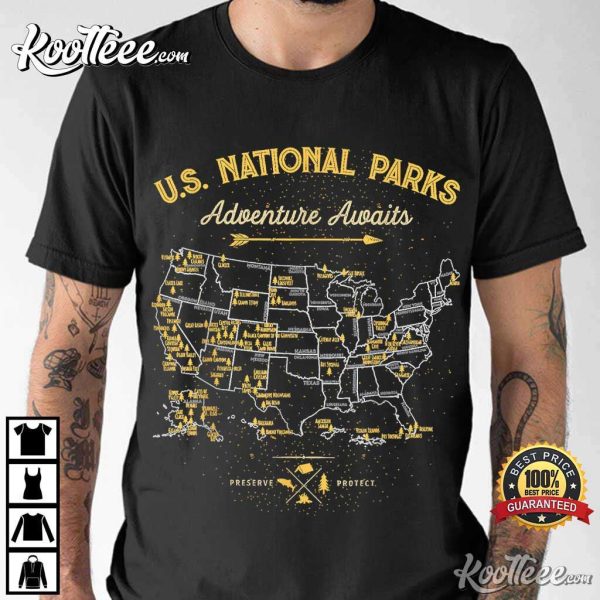 US National Parks Map Vintage Camping Hiking T-Shirt