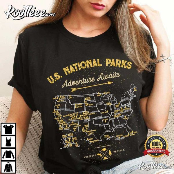 US National Parks Map Vintage Camping Hiking T-Shirt