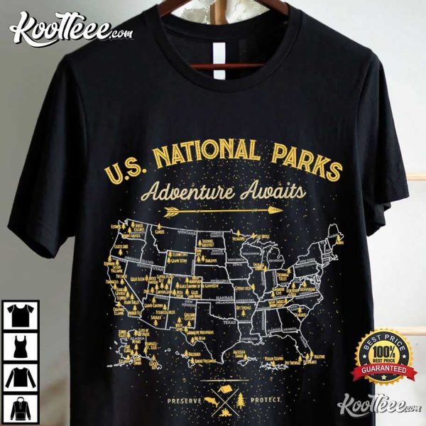 US National Parks Map Vintage Camping Hiking T-Shirt