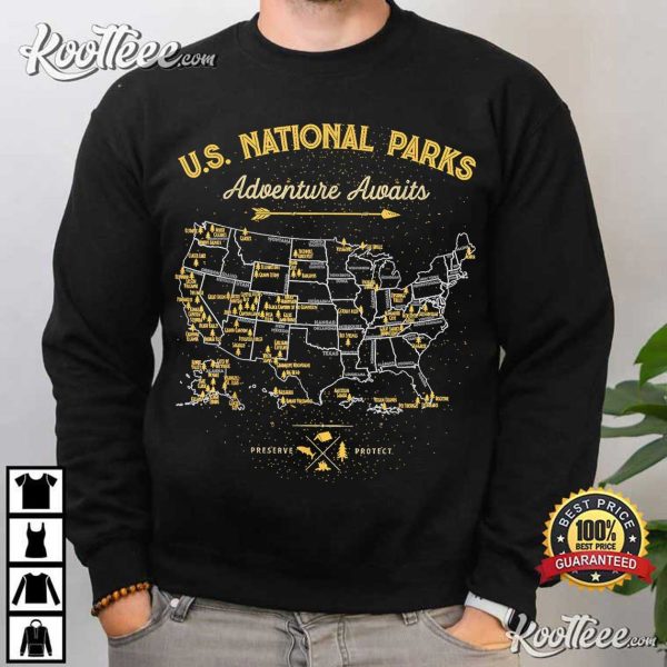 US National Parks Map Vintage Camping Hiking T-Shirt