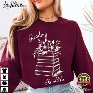 Reading Is Life Bookish Floral Book Stack T Shirt (4)