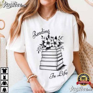 Reading Is Life Bookish Floral Book Stack T Shirt (1)