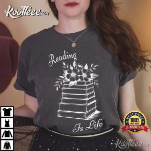 Reading Is Life Bookish Floral Book Stack T Shirt (2)