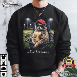 Raccoon Drinking Iced Coffee I Live Here Now T Shirt (4)
