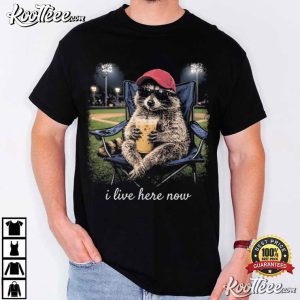 Raccoon Drinking Iced Coffee I Live Here Now T Shirt (1)