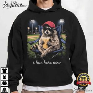 Raccoon Drinking Iced Coffee I Live Here Now T Shirt (3)