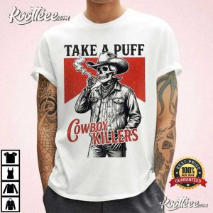 Smoking Skeleton Cowboy Killers Funny Skull Graphic T Shirt (1)