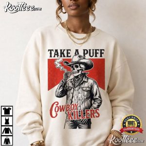 Smoking Skeleton Cowboy Killers Funny Skull Graphic T Shirt (2)