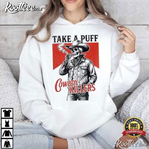 Smoking Skeleton Cowboy Killers Funny Skull Graphic T Shirt (3)