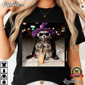 Halloween Raccoon Drinking Iced Coffee Funny Animal T Shirt (4)