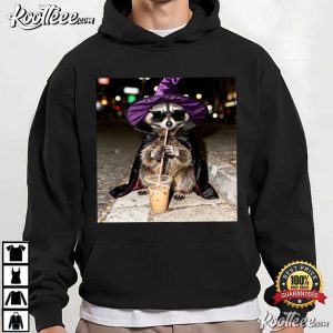 Halloween Raccoon Drinking Iced Coffee Funny Animal T Shirt (1)