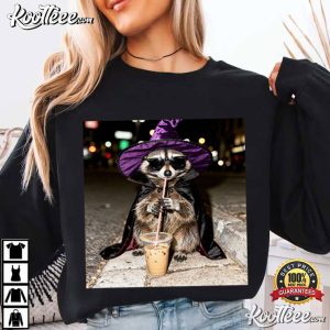 Halloween Raccoon Drinking Iced Coffee Funny Animal T Shirt (2)