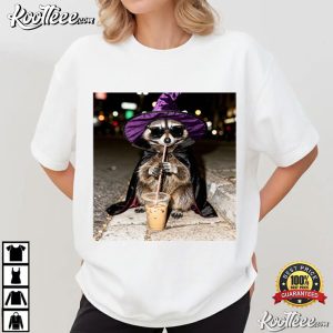 Halloween Raccoon Drinking Iced Coffee Funny Animal T Shirt (3)