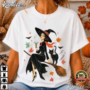 Halloween Vintage Witch And Cat Ringer Spooky Fall Pumpkin T Shirt (4)