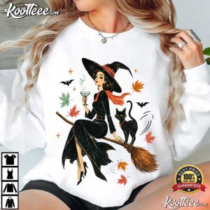 Halloween Vintage Witch And Cat Ringer Spooky Fall Pumpkin T Shirt (1)