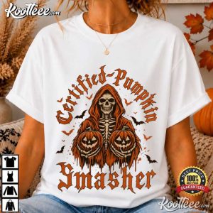 Certified Pumpkin Smasher Vintage Trendy Halloween Skeleton T Shirt (1)