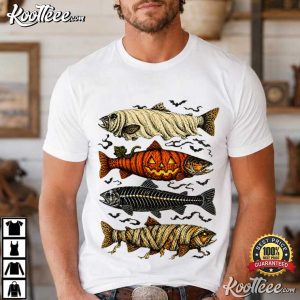 Halloween Trout Fish Ghost Pumpkin Skeleton Spooky Fishing Angler T Shirt (4)