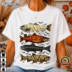 Halloween Trout Fish Ghost Pumpkin Skeleton Spooky Fishing Angler T Shirt (3)