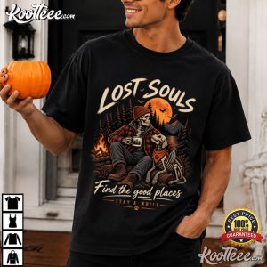Lost Souls Skeleton Camping Halloween Pumpkin T Shirt (1)