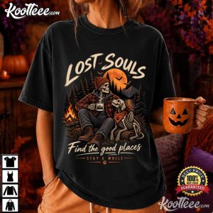 Lost Souls Skeleton Camping Halloween Pumpkin T Shirt (2)