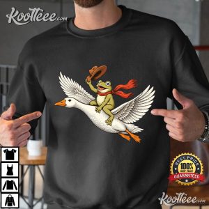 Animal Lover Frog Flying Goose Adventure Retro Drawing Style Art T Shirt (1