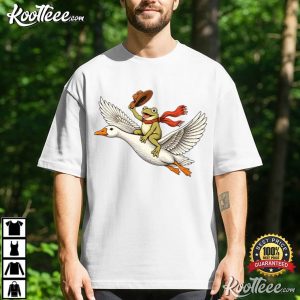 Animal Lover Frog Flying Goose Adventure Retro Drawing Style Art T Shirt (1)