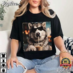 Alaskan Malamute Drinking Iced Coffee Cute Dog Lover T Shirt (1)