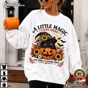 Black Cat Halloween A Little Magic Lives Here Witch Cat T Shirt (4)