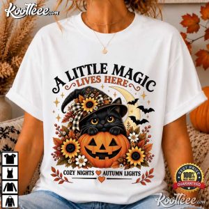 Black Cat Halloween A Little Magic Lives Here Witch Cat T Shirt (1)