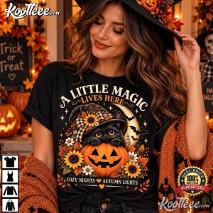 Black Cat Halloween A Little Magic Lives Here Witch Cat T Shirt (2)
