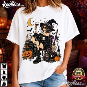 Halloween Wine Vintage Witch And Black Cat Spooky Season T Shirt (1)