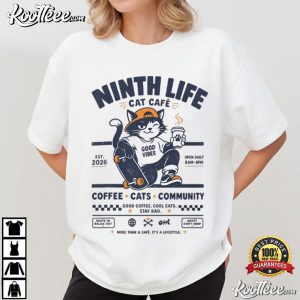 Ninth Life Cat Cafe Skater Cat Graphic Coffee Lover T Shirt (2)