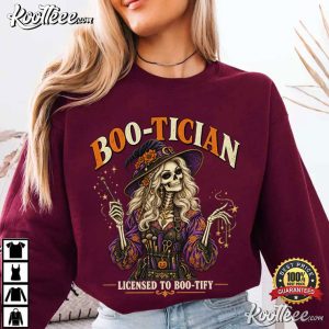 Boo Tician Halloween Hair Stylist Skeleton Spooky Beauty Salon T Shirt (1)