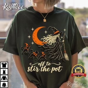 Off To Stir The Pot Vintage Witch Halloween Black Cat Witchy T Shirt (1)